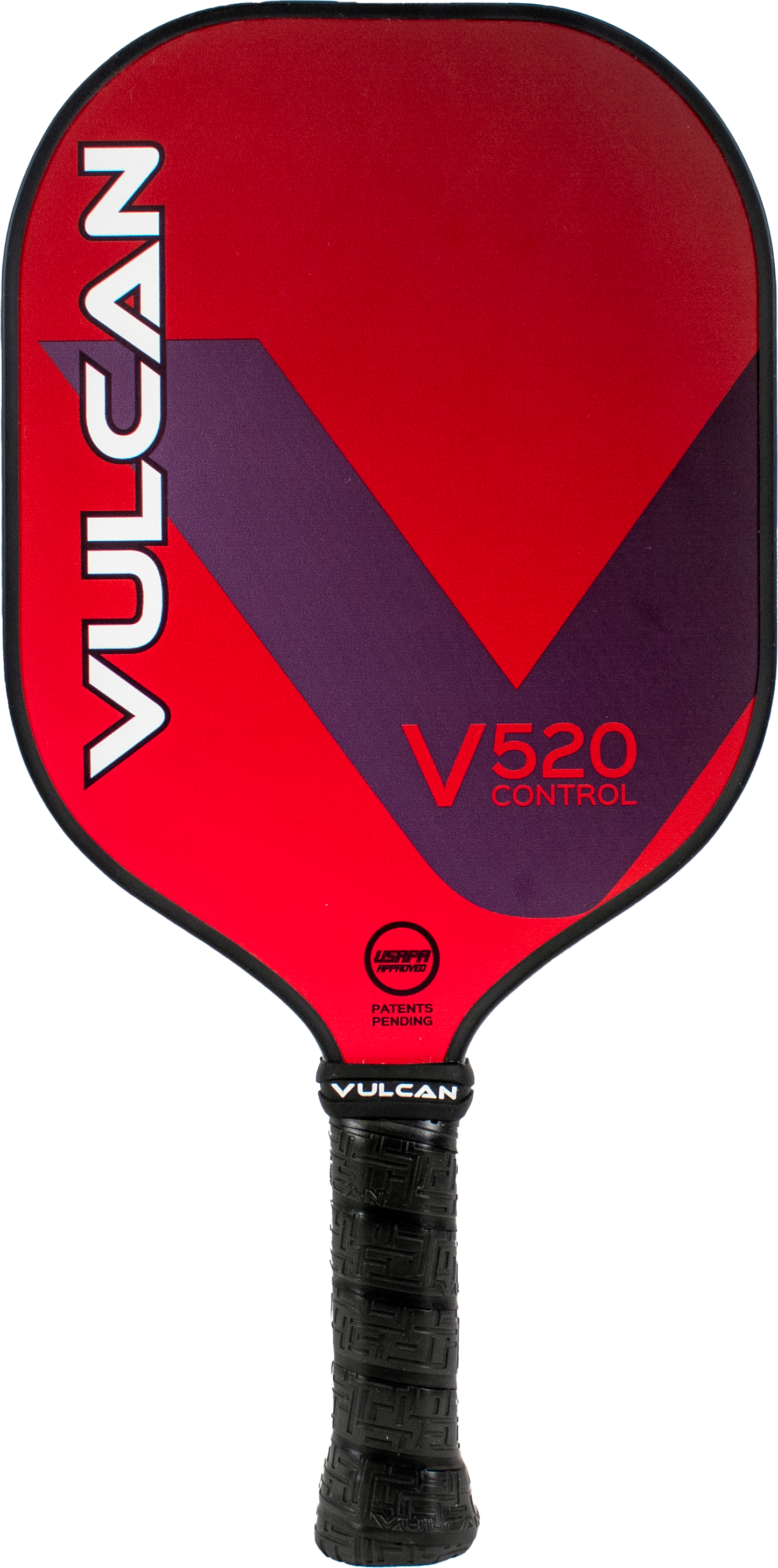 Red and purple Pickleballist Vulcan V520 Control pickleball paddle with a black grip, featuring bold branding and geometric design.