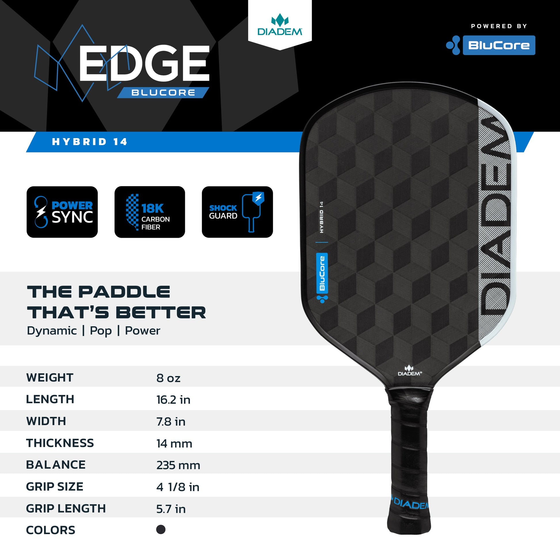 The Diadem Edge BluCore Hybrid 14mm Pickleball Paddle by Diadem features an 8 oz weight, 16.2" length, 7.8" width, 14mm thickness, and a sleek black geometric pattern.