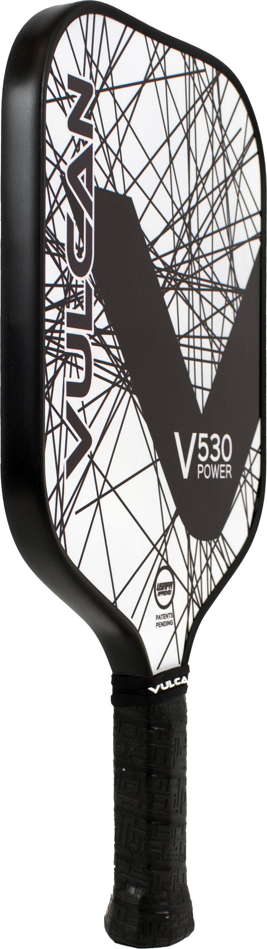 An image of a Vulcan V530 Power Pickleball Paddle with a black handle and a white face featuring a black 'V' and abstract Black Lazer lines.