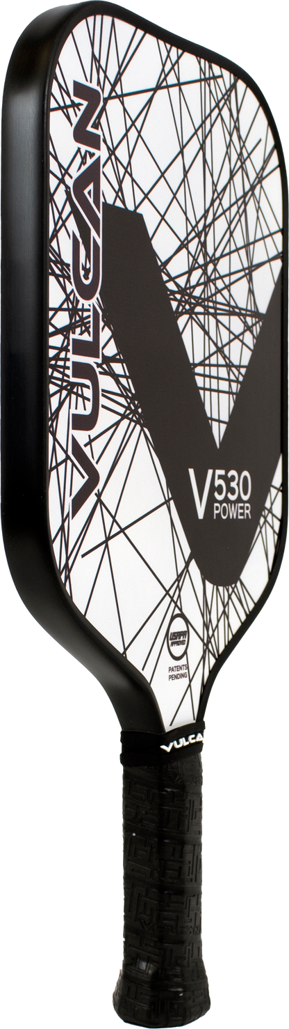 An image of a Vulcan V530 Power Pickleball Paddle with a black handle and a white face featuring a black 'V' and abstract Black Lazer lines.