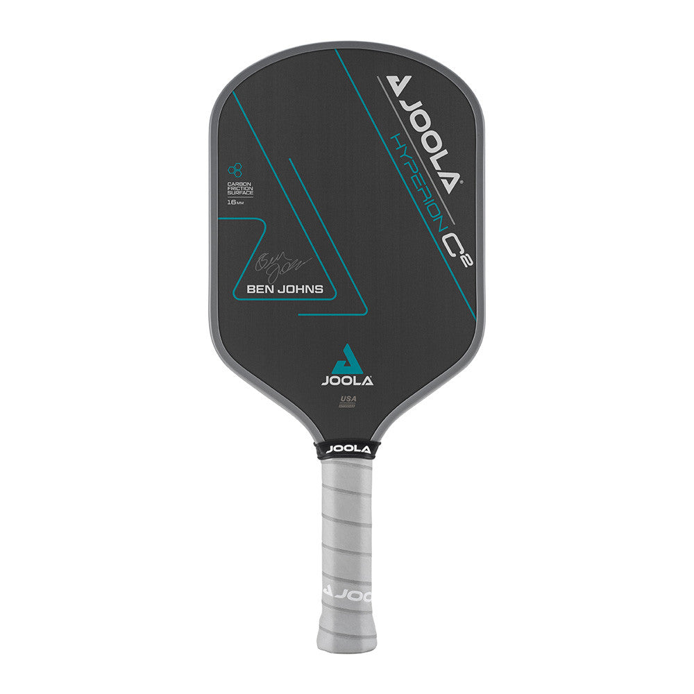 A JOOLA Ben Johns Hyperion C2 CFS 16 Pickleball Paddle, featuring a black surface with blue accents and branding, along with a white grip handle.