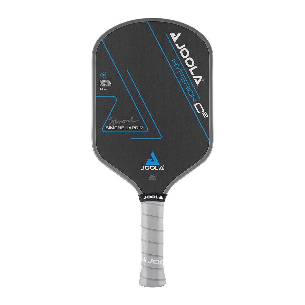 A JOOLA pickleball paddle labeled "JOOLA Simone Jardim Hyperion C2 CFS 14 Pickleball Paddle" with a black face, blue accents, and a grey grip, featuring the name "Simone Jardim" printed on it.