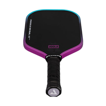 A JOOLA Perseus 3S Dual 16mm Pickleball Paddle, black and purple with a carbon fiber surface, stands upright handle-forward against a white background.