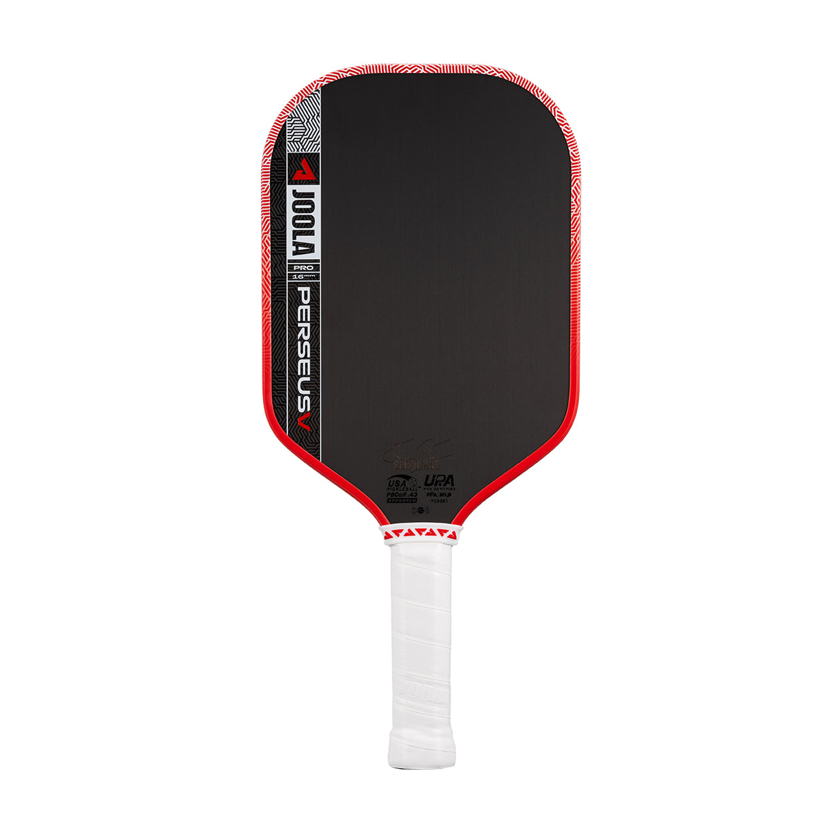 A JOOLA Perseus Pro V 16mm Ben Johns Blaze Red Pickleball Paddle with a white grip, featuring black and red accents, is displayed against a white background.