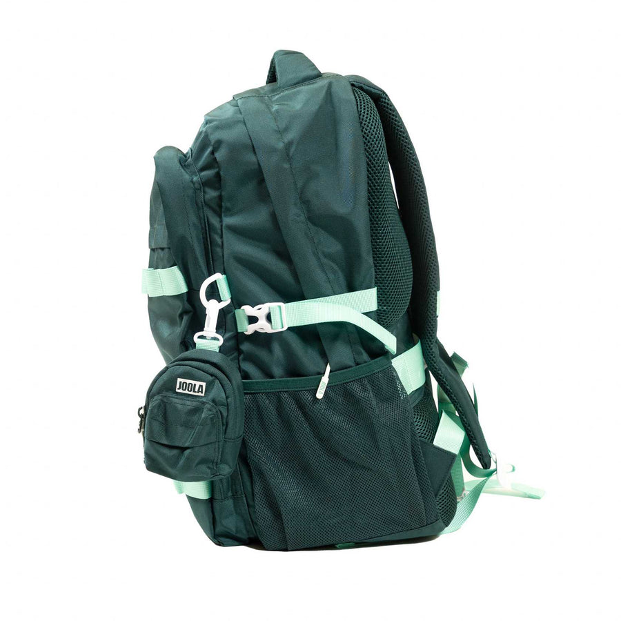 The JOOLA Utility Backpack is a dark green bag with light green straps, mesh side pockets, and a small "JOOLA"-labeled pouch—ideal for pickleball—shown against a white background.