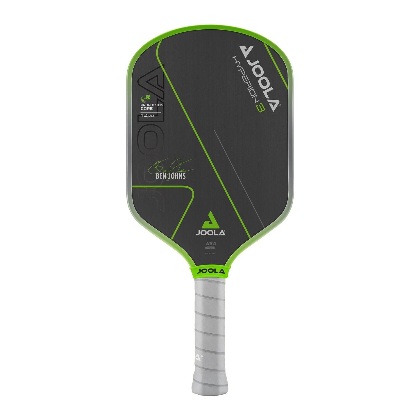 JOOLA Ben Johns Hyperion GEN3 14mm Pickleball Paddle featuring a black face, green edges, and Ben Johns' signature.