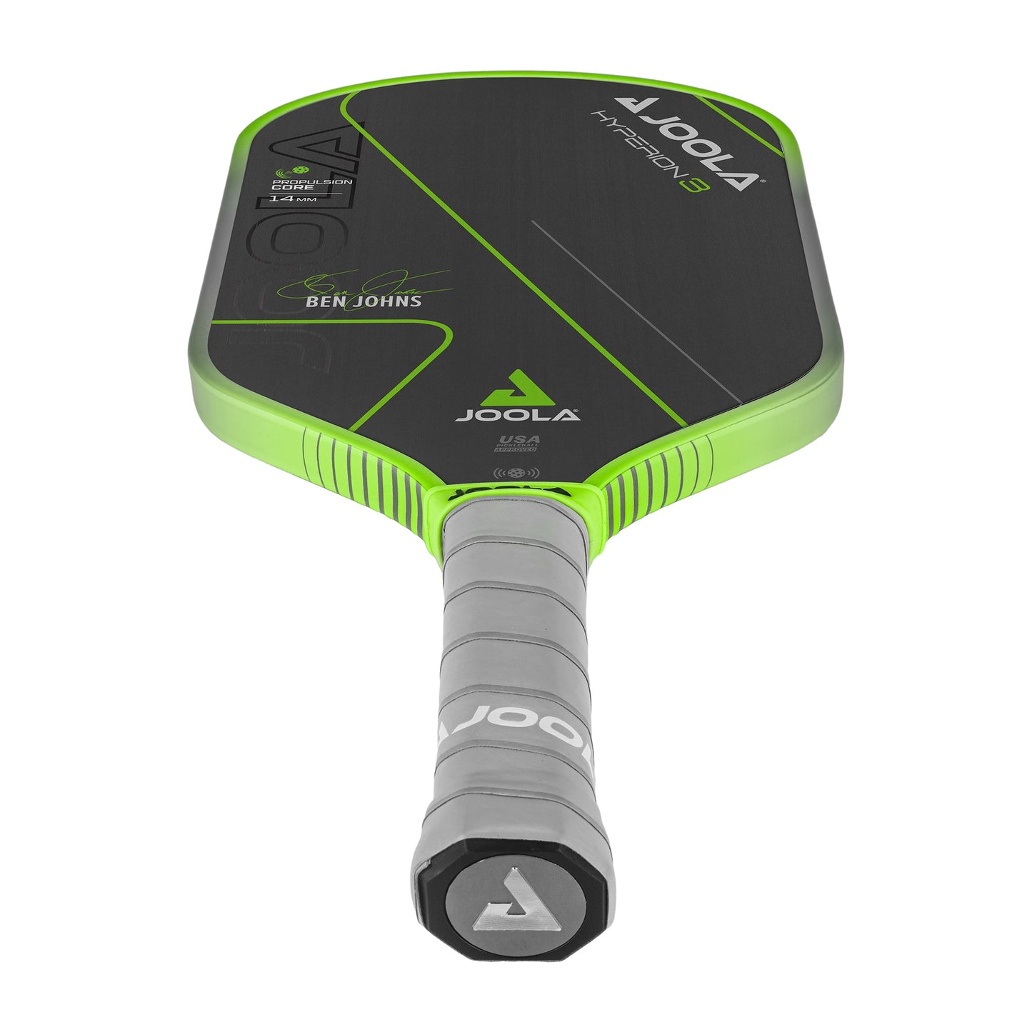 A black and green JOOLA Ben Johns Hyperion GEN3 14mm Pickleball Paddle with a textured grip, featuring the logo and text "JOOLA" and "Ben Johns Hyperion CFS.