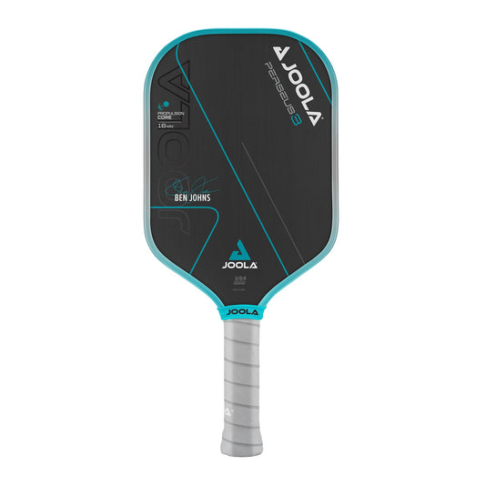 Black and turquoise JOOLA Ben Johns Perseus 3 16mm Pickleball Paddle with “JOOLA” branding, Ben Johns' signature, and textured grip.