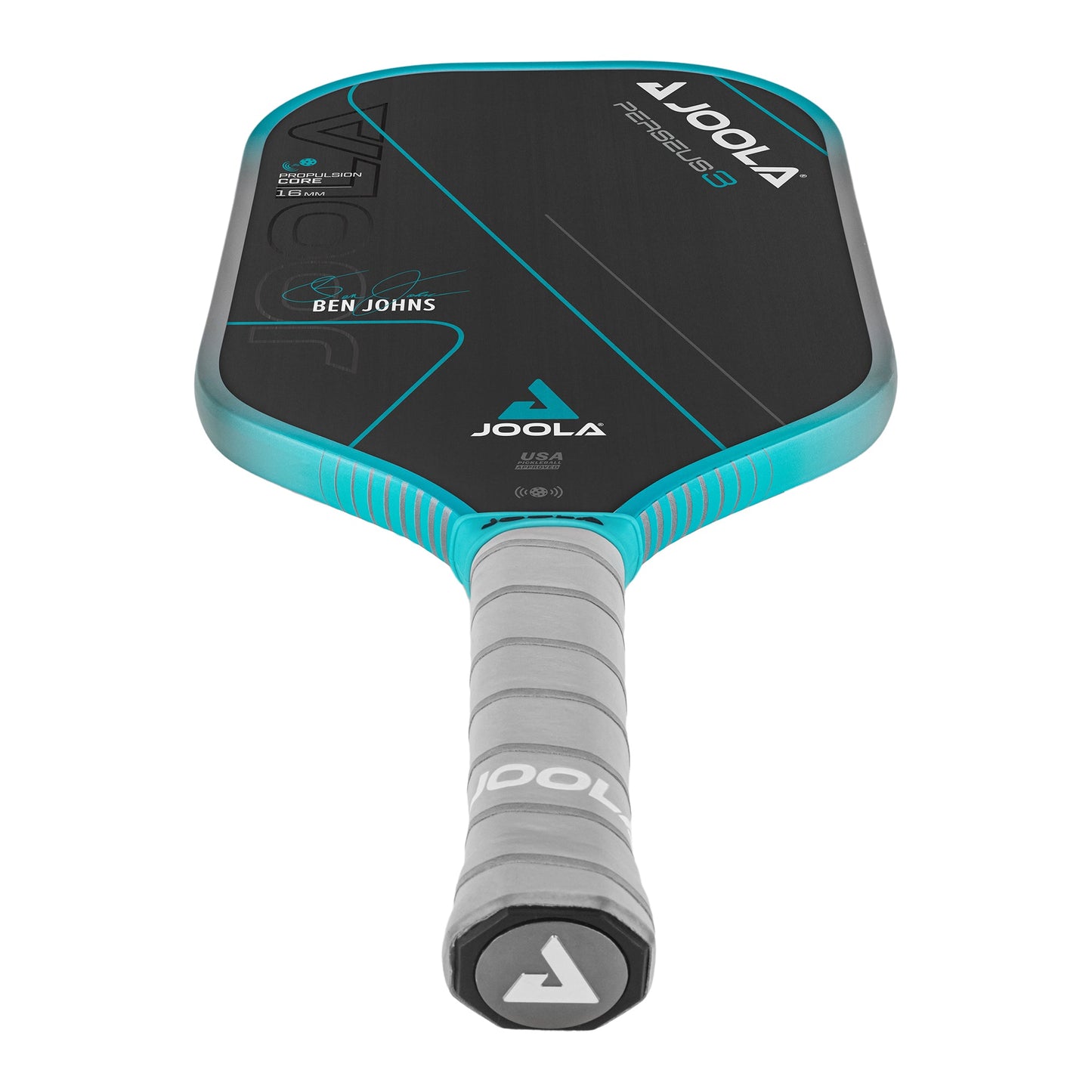 A JOOLA Ben Johns Perseus 3 14mm Pickleball Paddle with a black and teal color scheme and a grey grip handle.