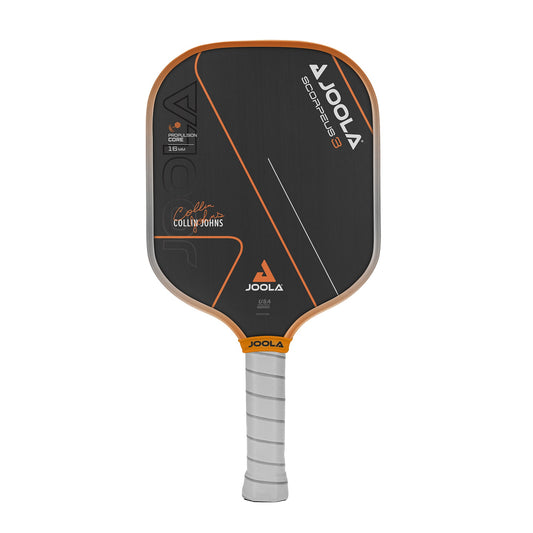 A JOOLA pickleball paddle with a black face, orange accents, and a white handle. It features the "Collin Johns Scorpeus GEN3 16mm" model name and signature.