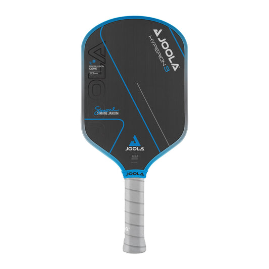 A JOOLA Simone Jardim Hyperion GEN3 16mm pickleball paddle featuring a gray and blue color scheme and a padded grip handle.