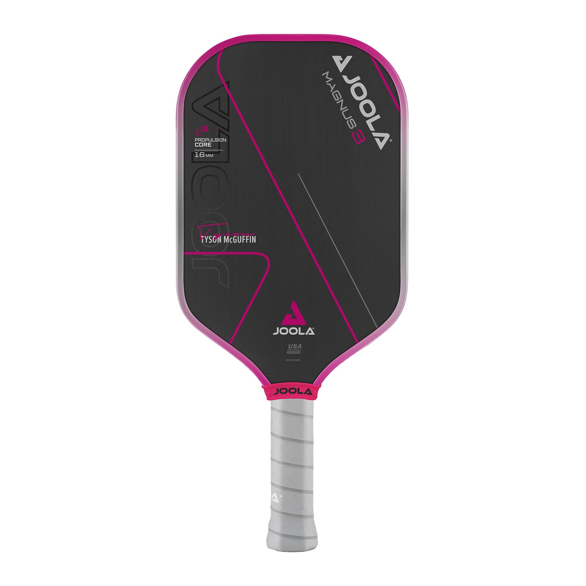 Image of a JOOLA Tyson McGuffin Magnus 3 14mm Pickleball Paddle with a black face, pink edge guard, and white grip handle. The brand name, model number, and Ty McGuffin signature are visible on the paddle.