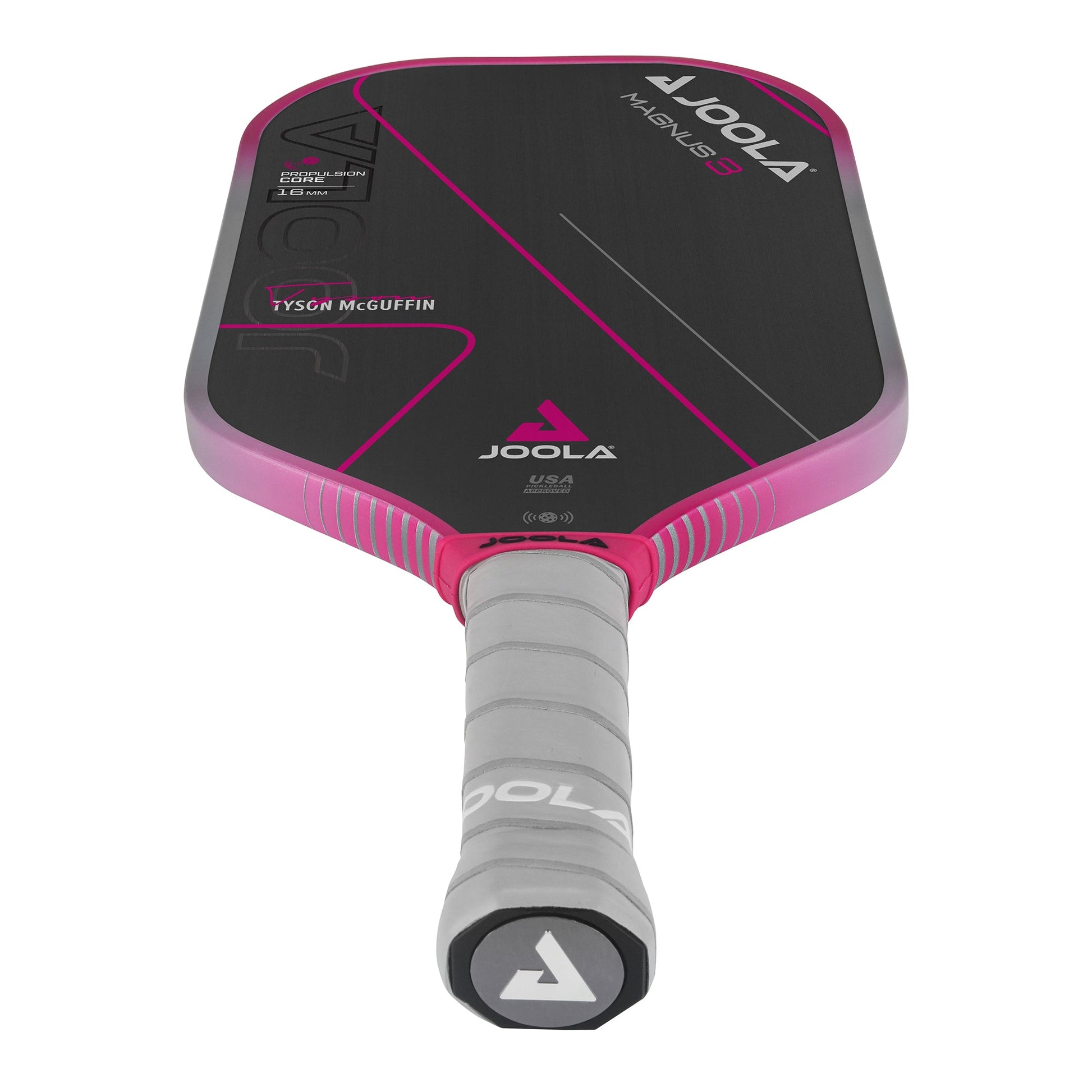 A JOOLA Tyson McGuffin Magnus 3 14mm Pickleball Paddle with a black and pink design, gray grip, and the name "Tyson McGuffin" on the surface.