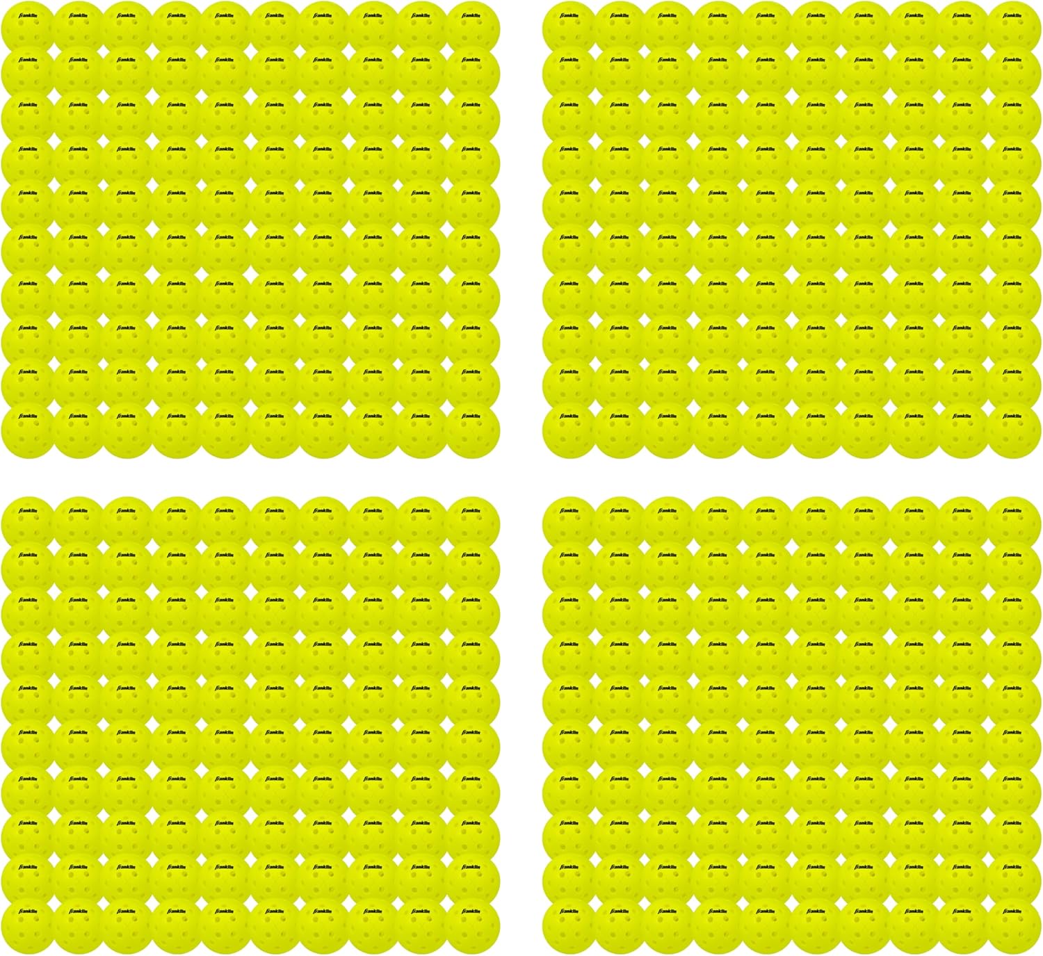 Four grids of vibrant yellow balls are arranged in perfect squares on a white background, showcasing precision similar to the machine-drilled holes of Franklin X-40 Outdoor Pickleball Balls by Franklin.