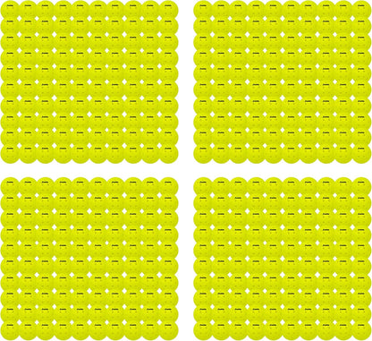 Four grids of vibrant yellow balls are arranged in perfect squares on a white background, showcasing precision similar to the machine-drilled holes of Franklin X-40 Outdoor Pickleball Balls by Franklin.