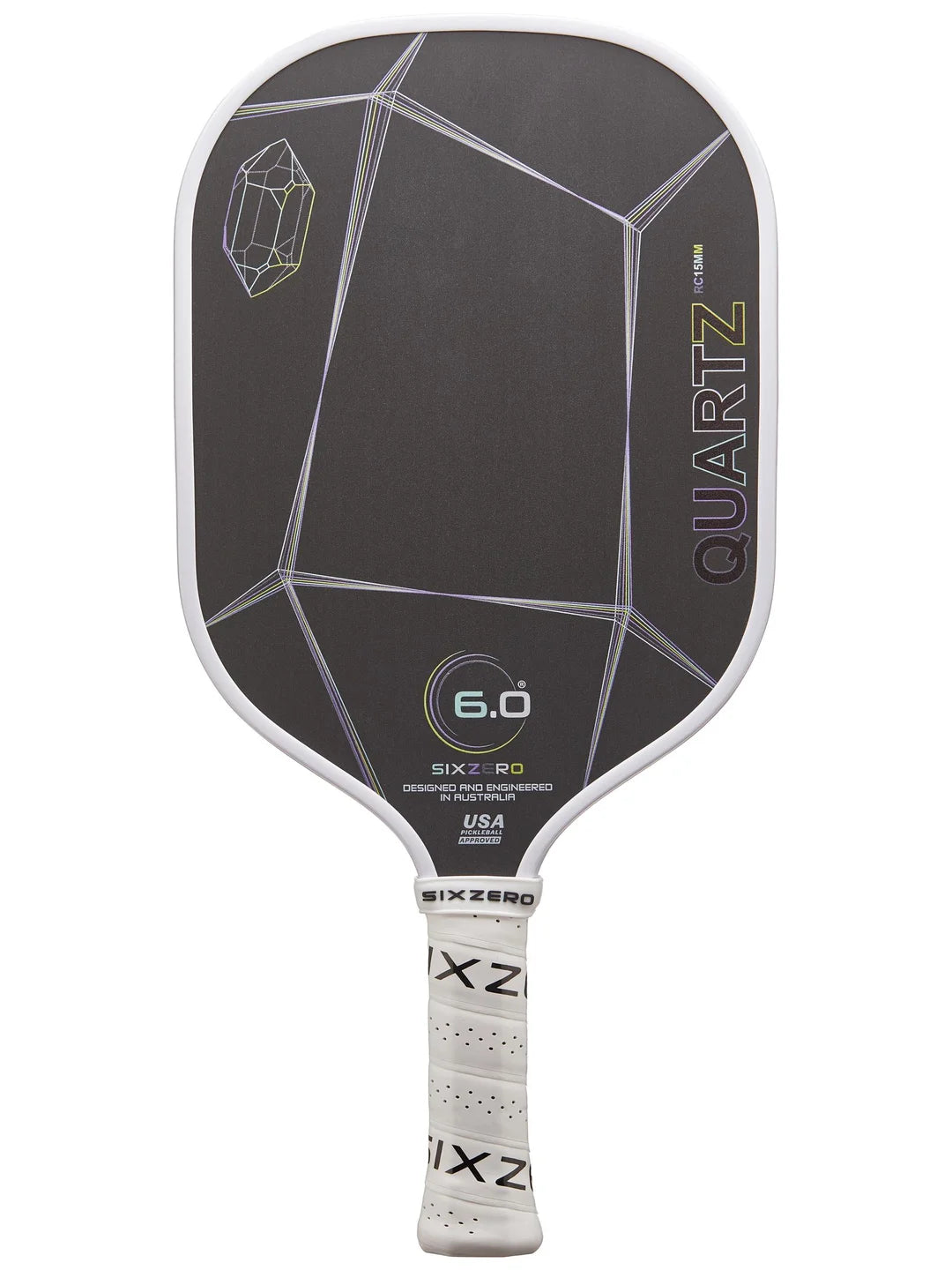 A black and gray Six Zero Quartz (15mm) pickleball paddle with a geometric design. The paddle has "QUARTZ" written on the side. The handle is white with black text, and the model name "6.0" is printed near the center.