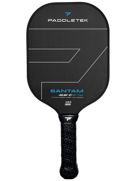 A black Paddletek Bantam ALW-C 14.3mm Carbon Fiber pickleball paddle with a textured grip and the Paddletek logo on the face.