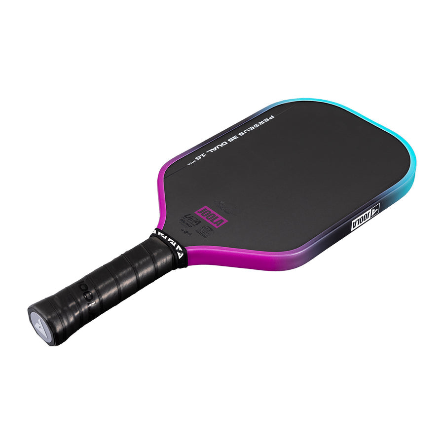 The JOOLA Perseus 3S Dual 16mm Pickleball Paddle features a black carbon fiber face, purple and teal gradient edge, black grip handle, and a white JOOLA logo on the paddle face.