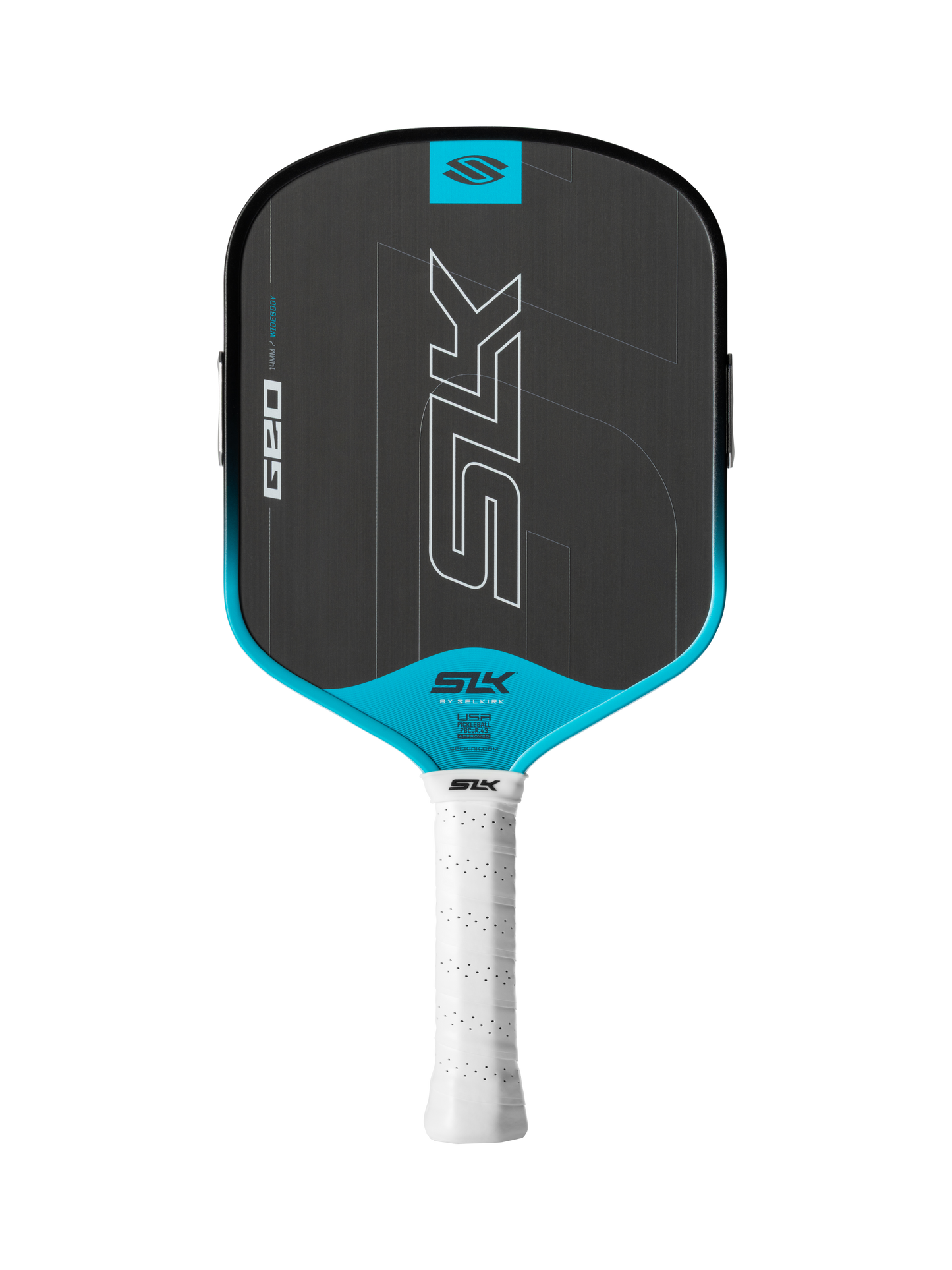 The Selkirk SLK GEO Widebody 14mm Pickleball Paddle features a black and blue geometric design, white grip, SLK logo, and is made by Selkirk.