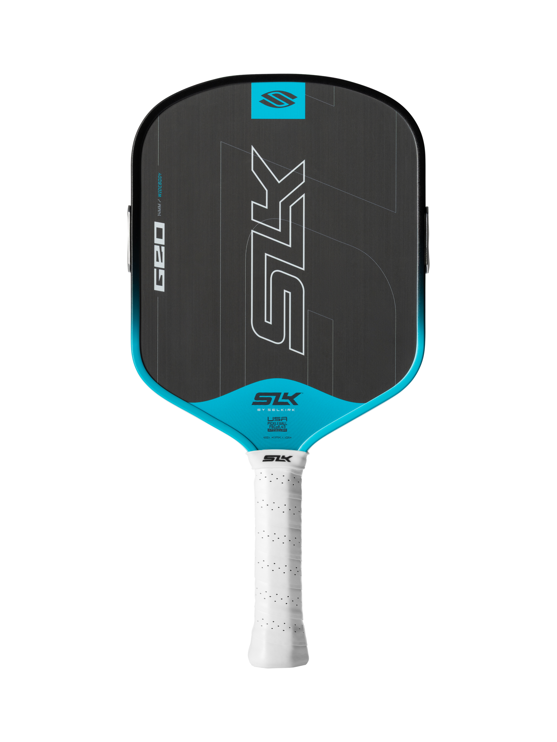 The Selkirk SLK GEO Widebody 14mm Pickleball Paddle features a black and blue geometric design, white grip, SLK logo, and is made by Selkirk.