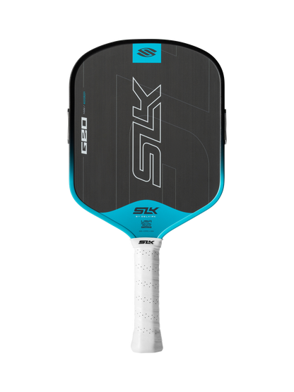 The Selkirk SLK GEO Widebody 14mm Pickleball Paddle features a black and blue geometric design, white grip, SLK logo, and is made by Selkirk.