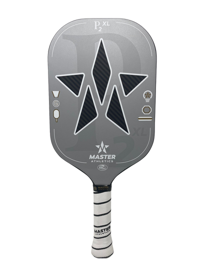 Silver elongated pickleball paddle with black star designs labeled "P2 XL" and "Master Athletics" on the surface, featuring a honeycomb polypropylene core  by Pickleballist.