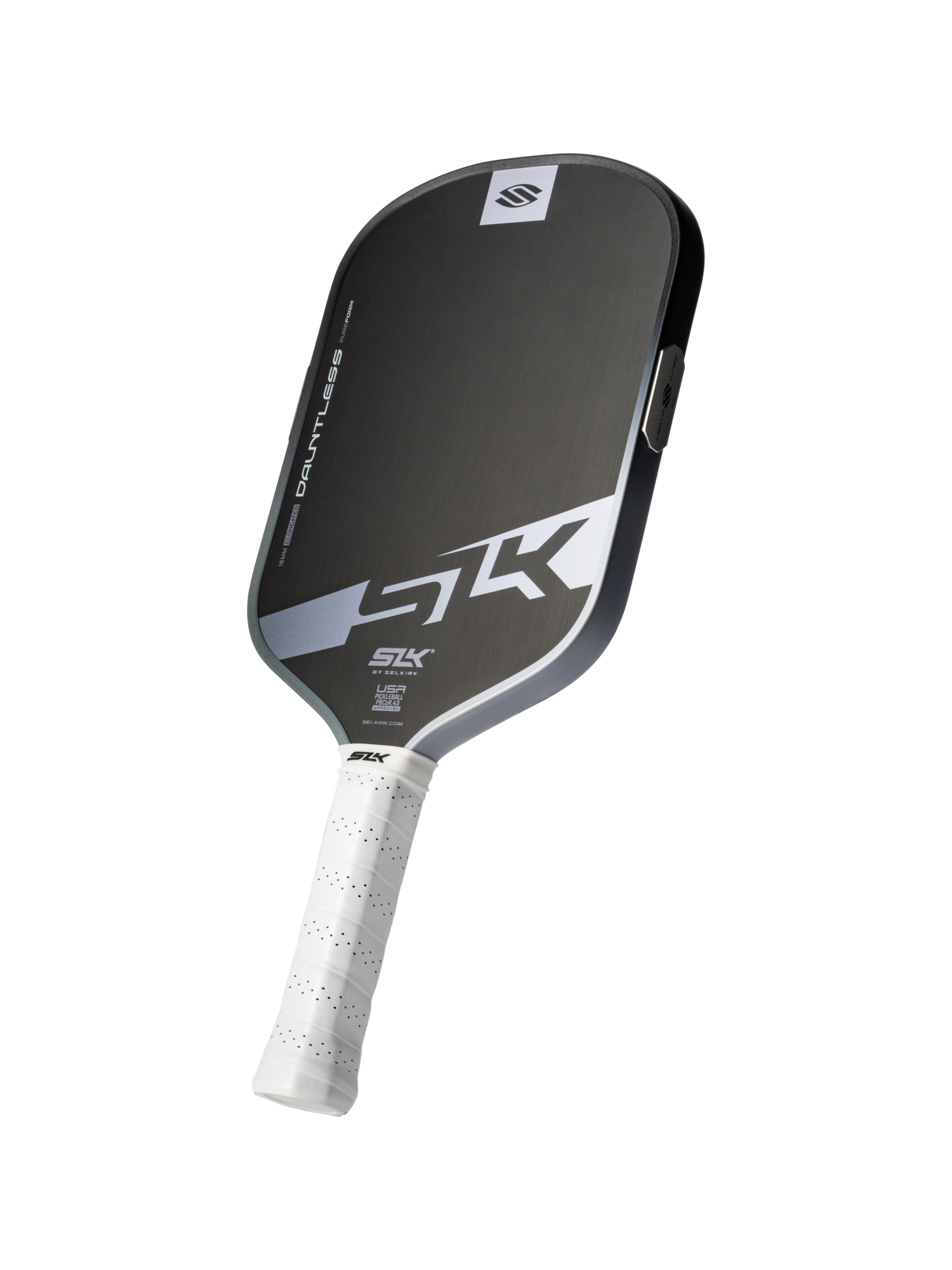 A Selkirk SLK Dauntless Elongated 16mm Pickleball Paddle in black and gray with a white grip and "SLK" branding on the face, shown against a white background.