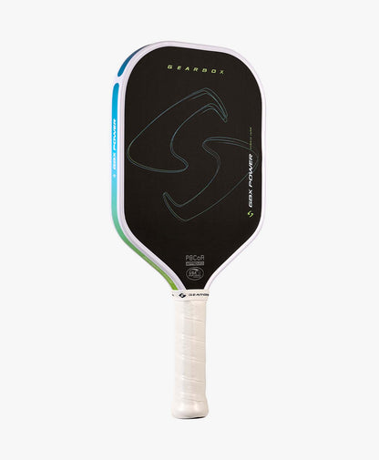 The Gearbox Sports GBX Power Hybrid - 16mm Gen-3 Honeycomb paddle in black with white edges, light blue and green accents, and a white grip is shown against a plain white background.
