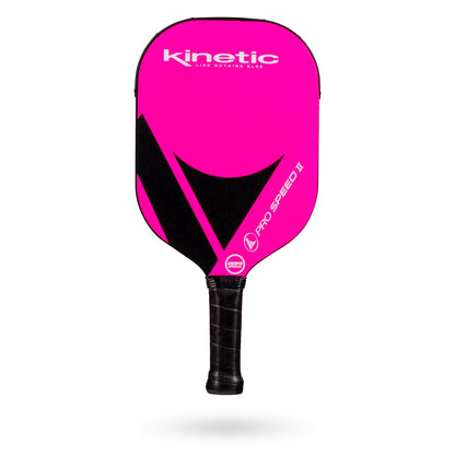 A bright pink Pickleballist ProKennex Kinetic Pro Speed II pickleball paddle with polypropylene honeycomb matrix, isolated on a white background.