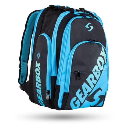 A black and blue Gearbox Court Backpack Pickleball Bag with multiple spacious compartments, adjustable straps, and durable Gearbox branding on the front pockets.