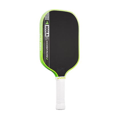 A JOOLA Kosmos Pro V 14mm Tyson McGuffin Surge Green pickleball paddle with a black face, green edges, and white grip is displayed on a plain white background.