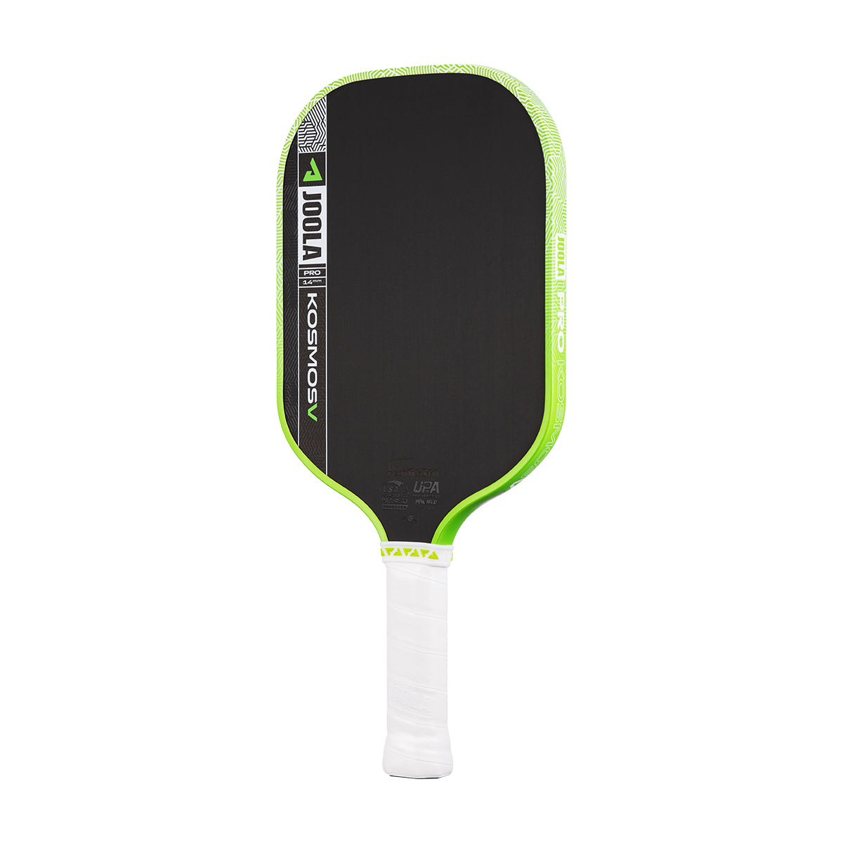 A JOOLA Kosmos Pro V 14mm Tyson McGuffin Surge Green Pickleball Paddle with a white grip is displayed against a plain white background.