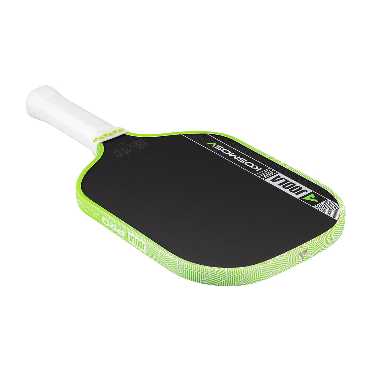 The JOOLA Kosmos Pro V 14mm Tyson McGuffin Surge Green Pickleball Paddle features black carbon fiber, a white grip, and green patterned edges, displayed on a white background.