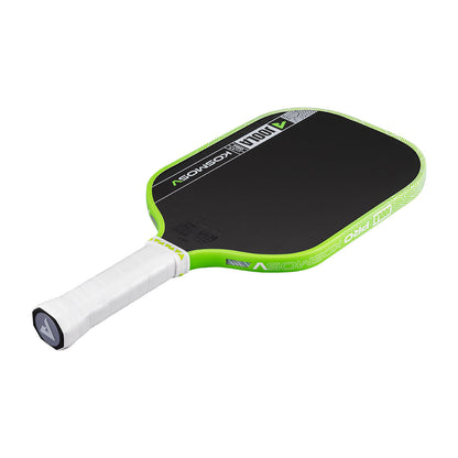The JOOLA Kosmos Pro V 14mm Tyson McGuffin Surge Green Pickleball Paddle features a black carbon fiber face, green and white edge, white grip, and JOOLA branding—perfect for players seeking a professional pickleball paddle.