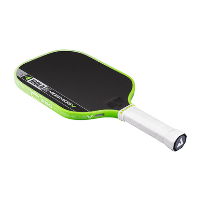 A JOOLA Kosmos Pro V 14mm Tyson McGuffin Surge Green pickleball paddle featuring a black and neon green carbon fiber design with a white grip is displayed on a white background.