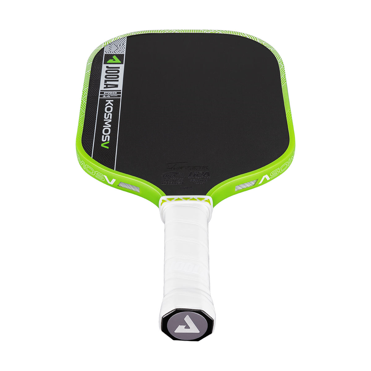 The JOOLA Kosmos Pro V 14mm Tyson McGuffin Surge Green Pickleball Paddle is a high-performance carbon fiber paddle with a black face, surge green edge, and white handle, designed for professionals.