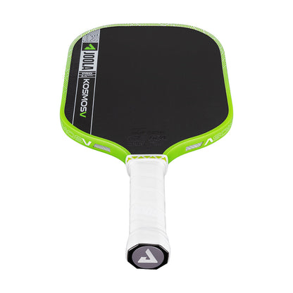 The JOOLA Kosmos Pro V 14mm Tyson McGuffin Surge Green Pickleball Paddle is a high-performance carbon fiber paddle with a black face, surge green edge, and white handle, designed for professionals.