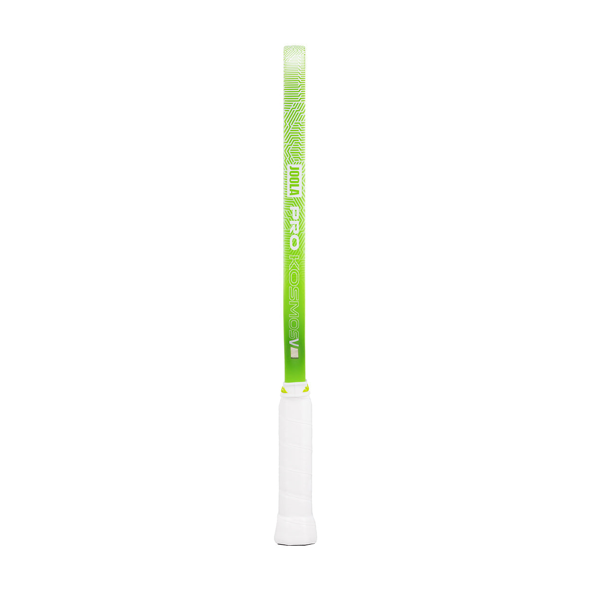 A JOOLA Kosmos Pro V 14mm Tyson McGuffin Surge Green Pickleball Paddle is shown vertically with a green and white wrapped grip, set against a plain white background, showcasing its sleek, professional design.