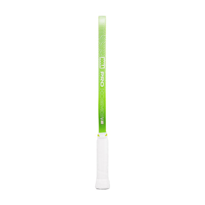 A JOOLA Kosmos Pro V 14mm Tyson McGuffin Surge Green Pickleball Paddle is shown vertically with a green and white wrapped grip, set against a plain white background, showcasing its sleek, professional design.