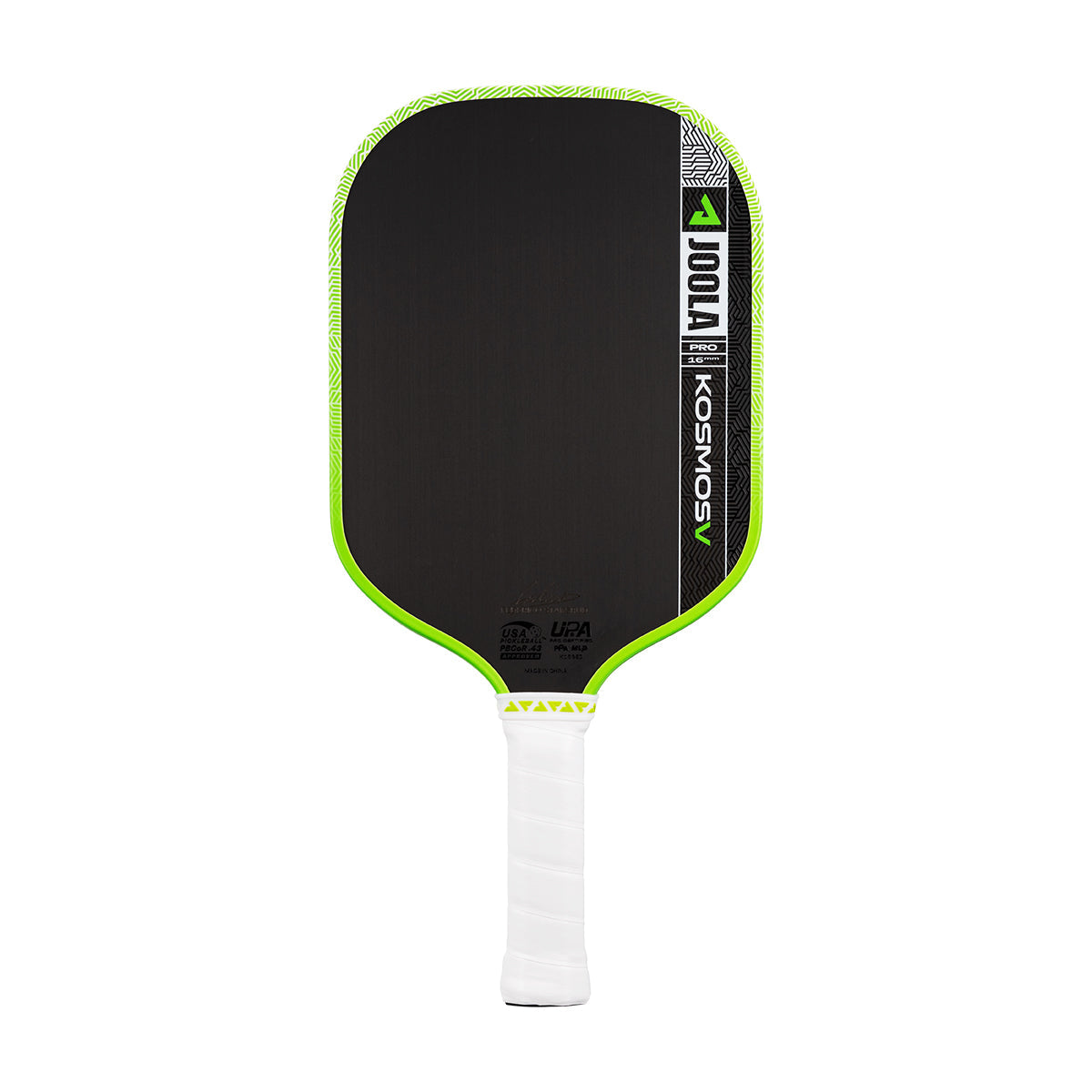 The JOOLA Kosmos Pro V 16mm Federico Staksrud Surge Green Pickleball Paddle features a black design with green edges, a white handle, and a carbon fiber face for pro-level play. "Joola" and "KOSMOS" appear on the front.