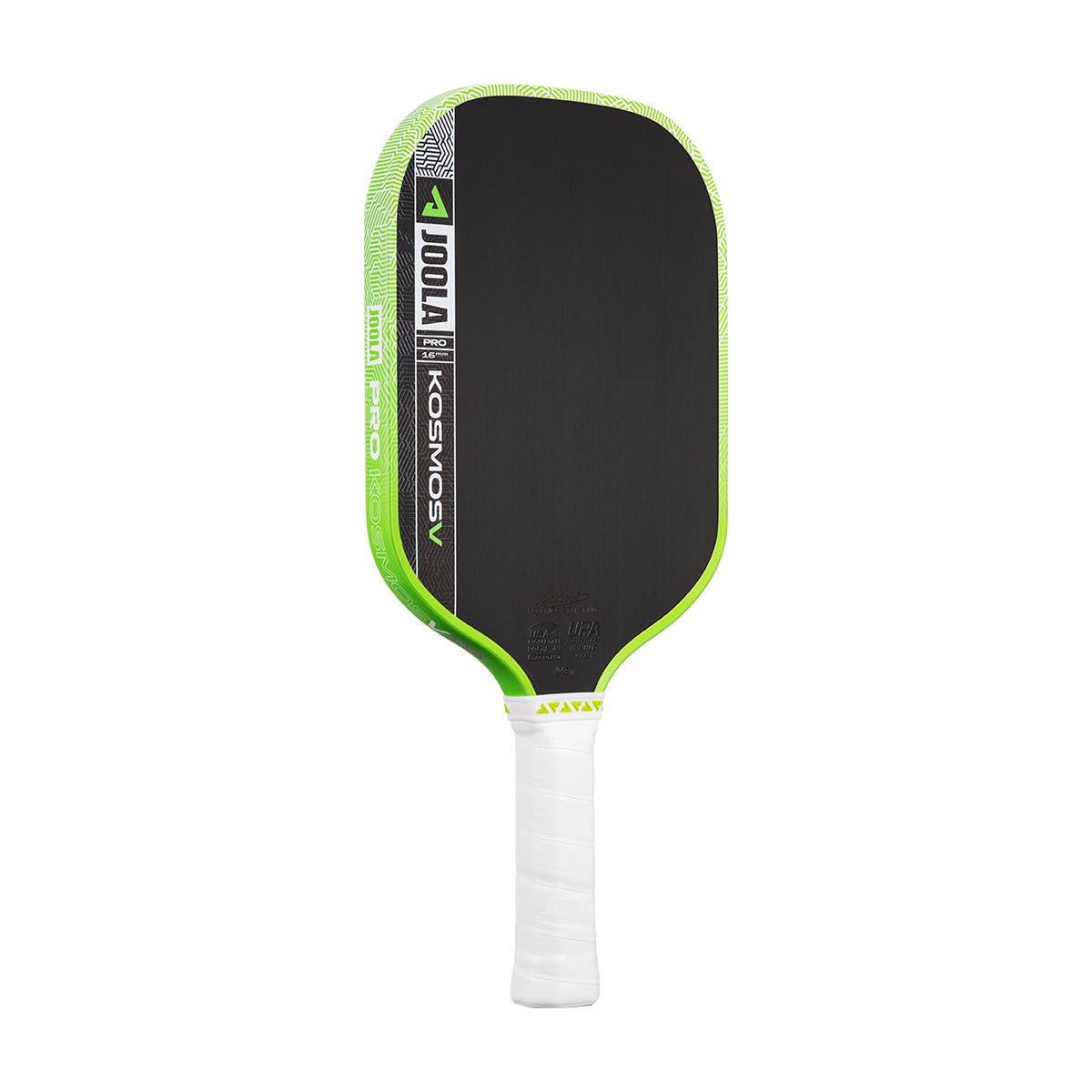 The JOOLA Kosmos Pro V 16mm Federico Staksrud Surge Green Pickleball Paddle features a black and green design with a white grip, shown on a plain white background, and is engineered for professional-level performance.