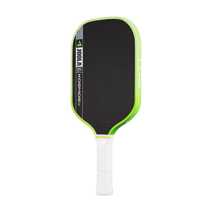 A carbon fiber JOOLA Kosmos Pro V 16mm Federico Staksrud Surge Green Pickleball Paddle in black and green with a white grip—perfect for players seeking pro-level performance.