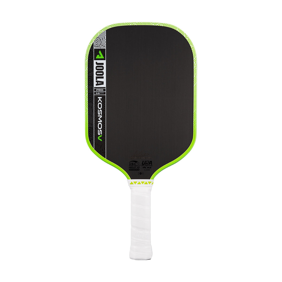 A JOOLA Kosmos Pro V 14mm Tyson McGuffin Surge Green Pickleball Paddle with a white grip is displayed on a white background.