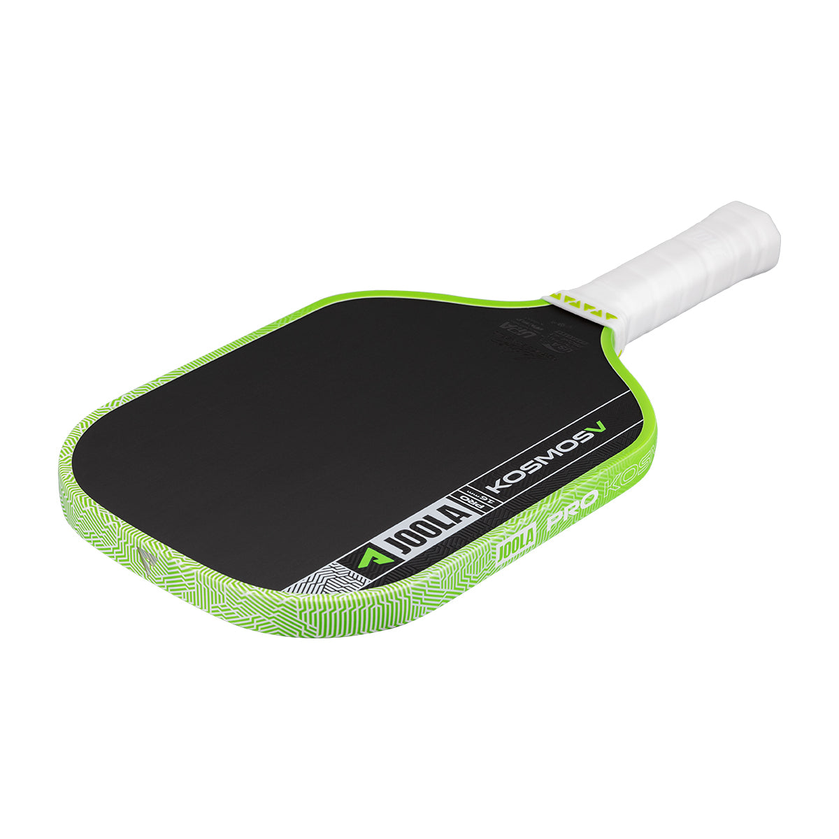 The JOOLA Kosmos Pro V 16mm Federico Staksrud Surge Green Pickleball Paddle features a black face, green edge, and white grip for professional performance, shown on a white background.