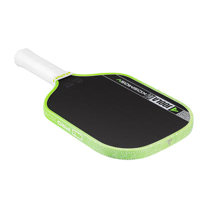 The JOOLA Kosmos Pro V 16mm Federico Staksrud Surge Green Pickleball Paddle features a black carbon fiber face, white handle, green edge, geometric patterns, and JOOLA branding for professional-level performance.