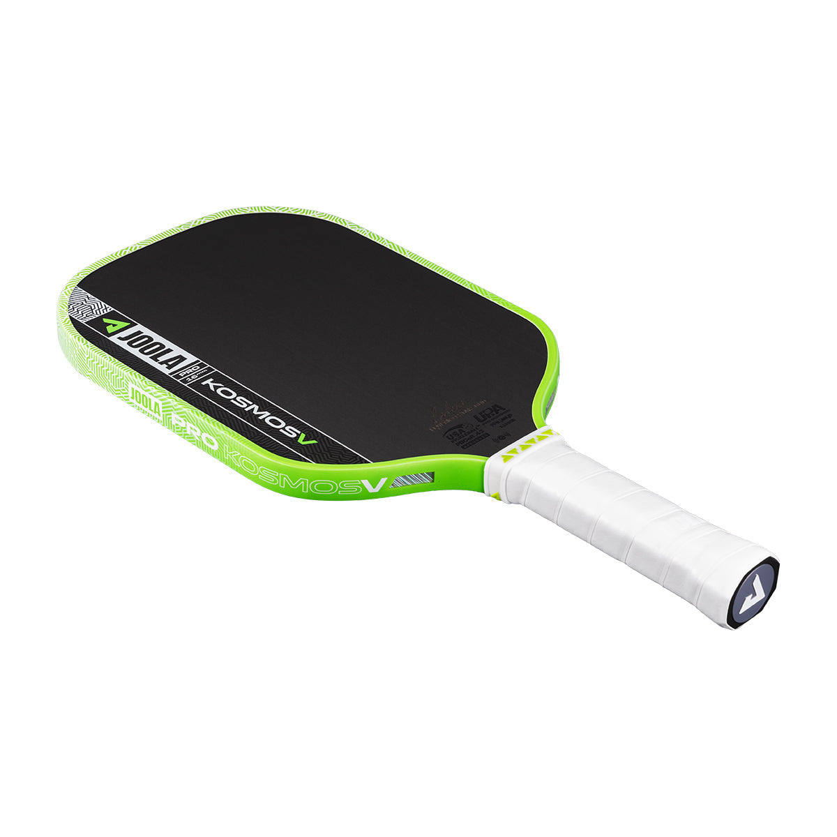 The JOOLA Kosmos Pro V 16mm Federico Staksrud Surge Green Pickleball Paddle, featuring a green and black carbon fiber design with a white grip, is shown against a white background and built for pro-level play.