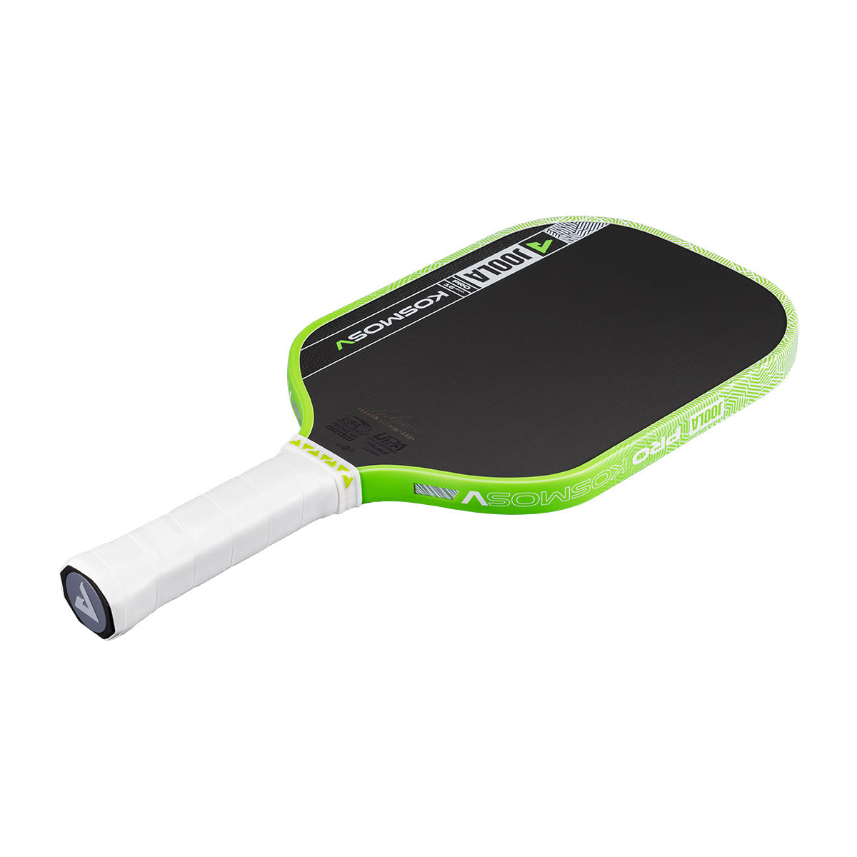 The JOOLA Kosmos Pro V 16mm Federico Staksrud Surge Green Pickleball Paddle is shown on a white background, highlighting its black face, green edge, and white grip for professional-level performance with advanced carbon fiber design.