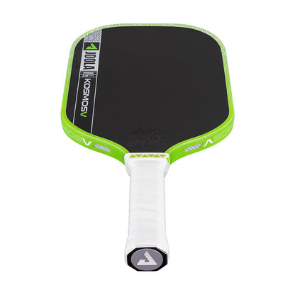 The JOOLA Kosmos Pro V 16mm Federico Staksrud Surge Green Pickleball Paddle delivers professional-level performance with its black carbon fiber face, green edge, and white handle.
