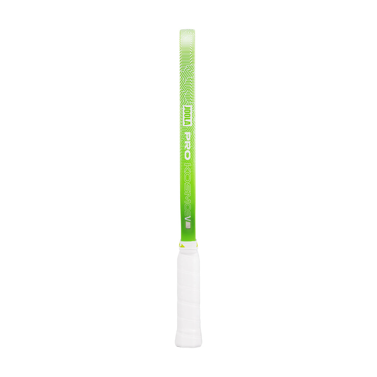 A green and white JOOLA Kosmos Pro V 16mm Federico Staksrud Surge Green Pickleball Paddle stands upright, its white handle and green blade showcasing text and design—crafted for professional-level performance.
