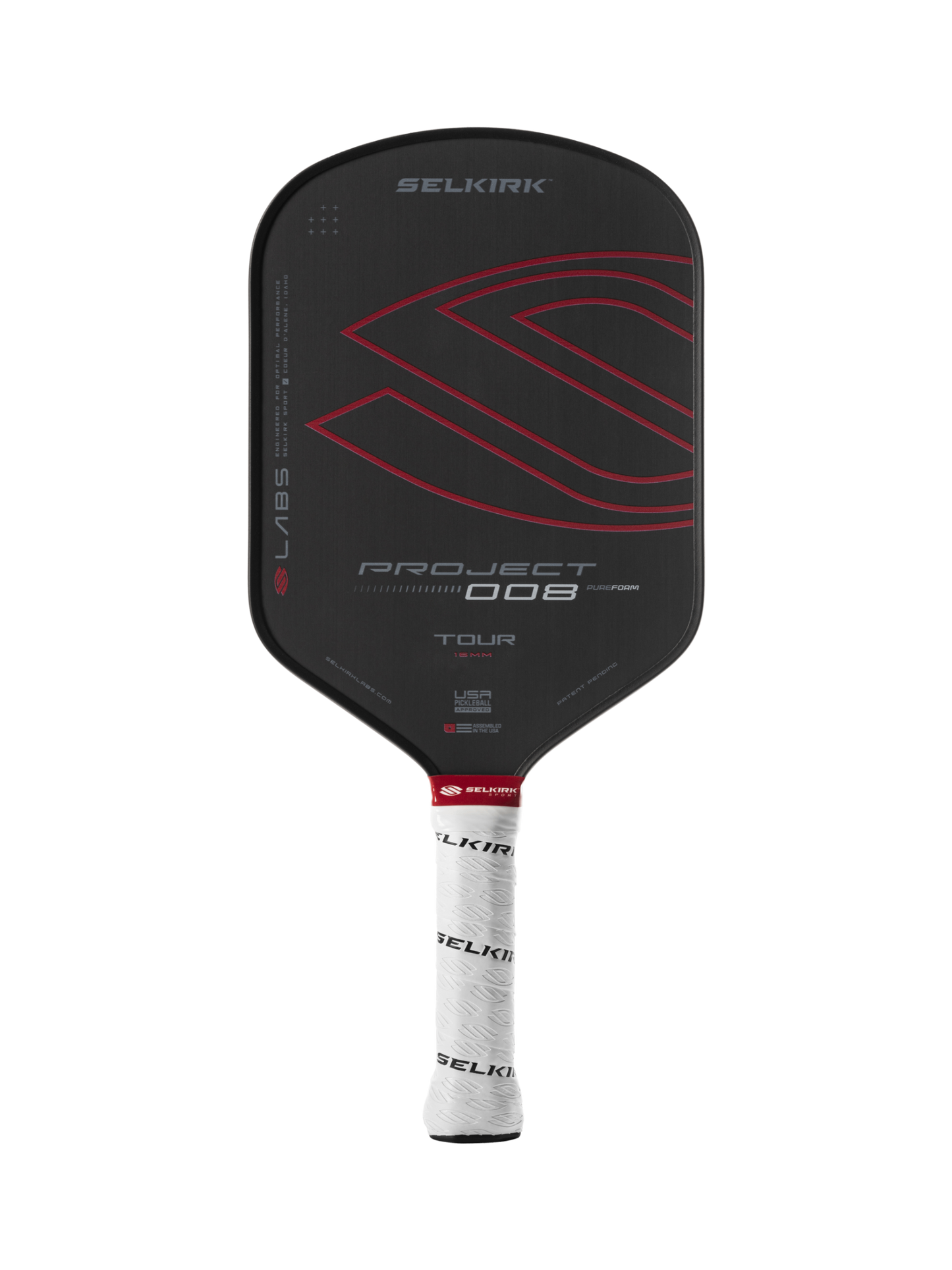 The Selkirk Labs Project 008 Tour Elongated 16mm Pickleball Paddle features a black design with red accents and a white handle grip inscribed with black text.